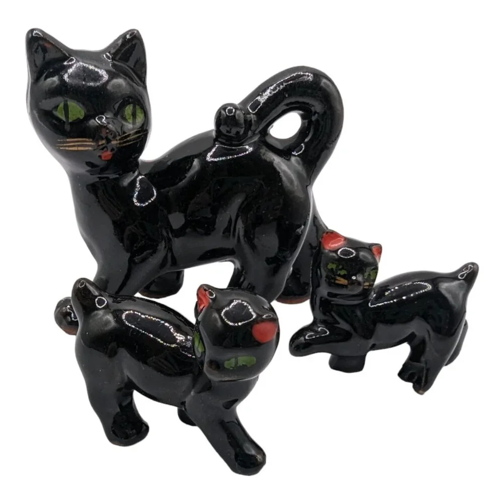 Vintage Ceramic Black Cats Mama with Two Kittens Kitschy Figurines MCM Redware - Picture 6 of 13